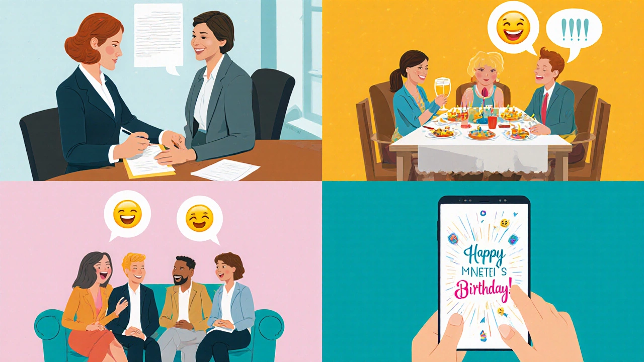 Четыре сценария поздравлений: официальный в офисе, эмоциональный в семье, юмористический с друзьями, модный с эмодзи.