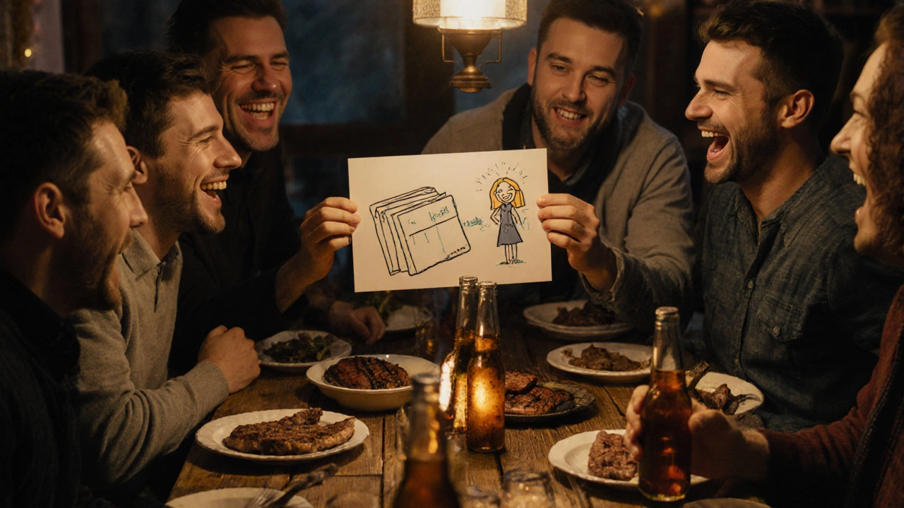 Друзья смеются за праздничным столом с пивом и шашлыками, держат смешную открытку.