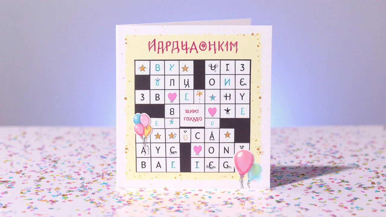 Кроссворд‑карточка с буквами &quot;С ДНЁМ&quot; и &quot;РОЖДЕНИЯ&quot; и декоративными символами.