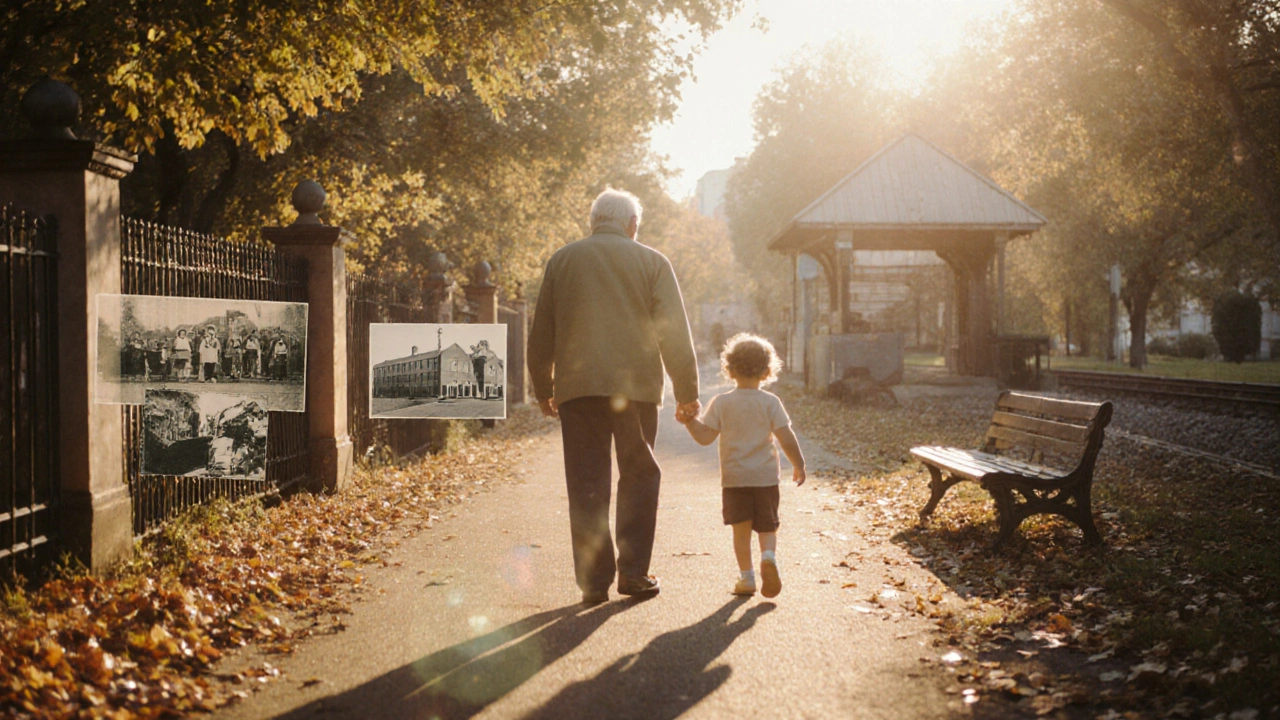 Мужчина гуляет с внуком по пути, где проходили важные моменты его жизни, старые фото всплывают вокруг.
