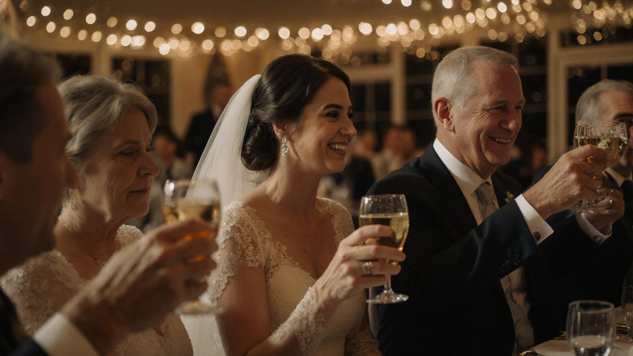 Родители и близкие поднимают бокалы за молодожёнов на свадьбе.