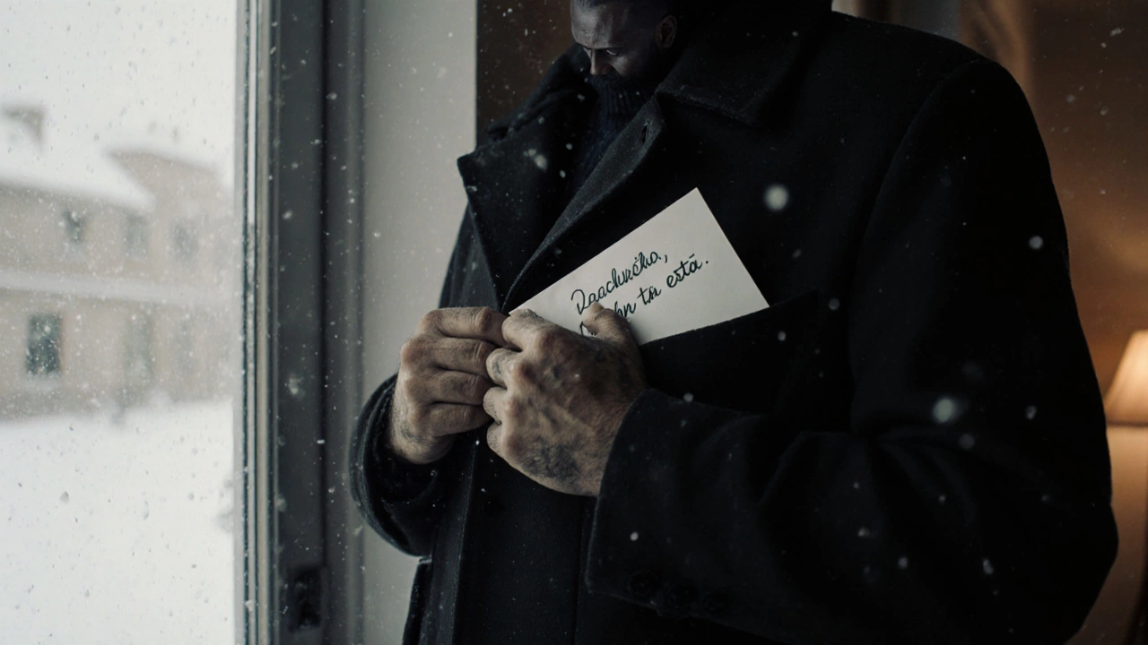 Руки мужчины кладут конверт с надписью в пальто, за окном — снег, тишина.