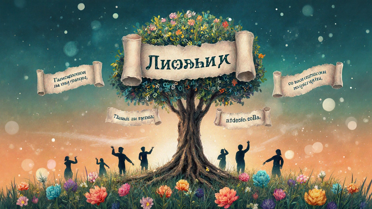 Сад из листов с поздравлениями, растущее дерево, символизирующее рост и мотивацию.