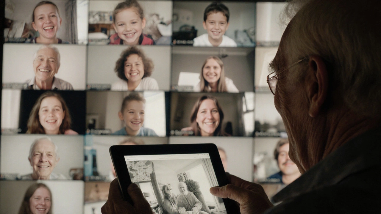 Семья снимает видео-поздравление для дедушки, он смотрит на планшет с их лицами.
