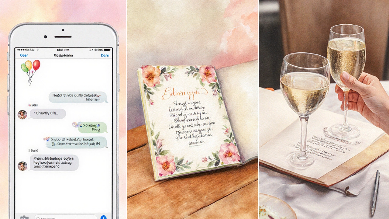 Смартфон с SMS‑поздравлением, рукописная открытка, тост за столом, стих в блокноте.