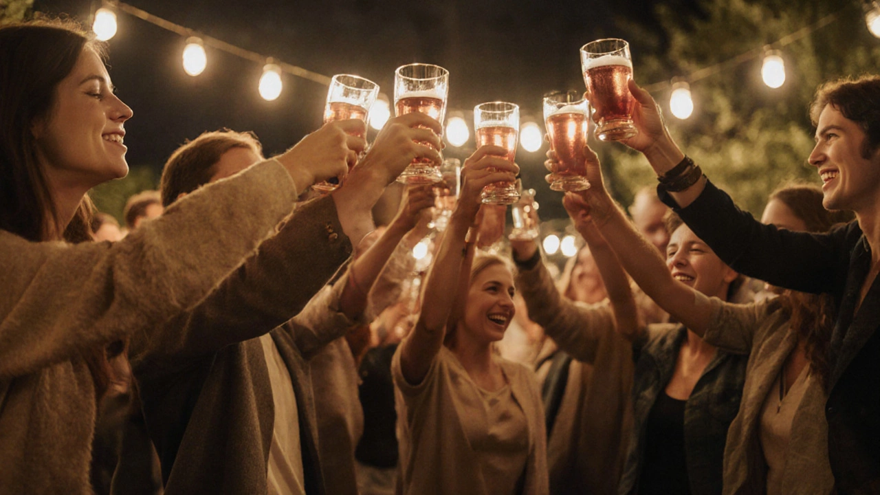 Все гости вместе поднимают тост, символизируя единство и тепло праздника.