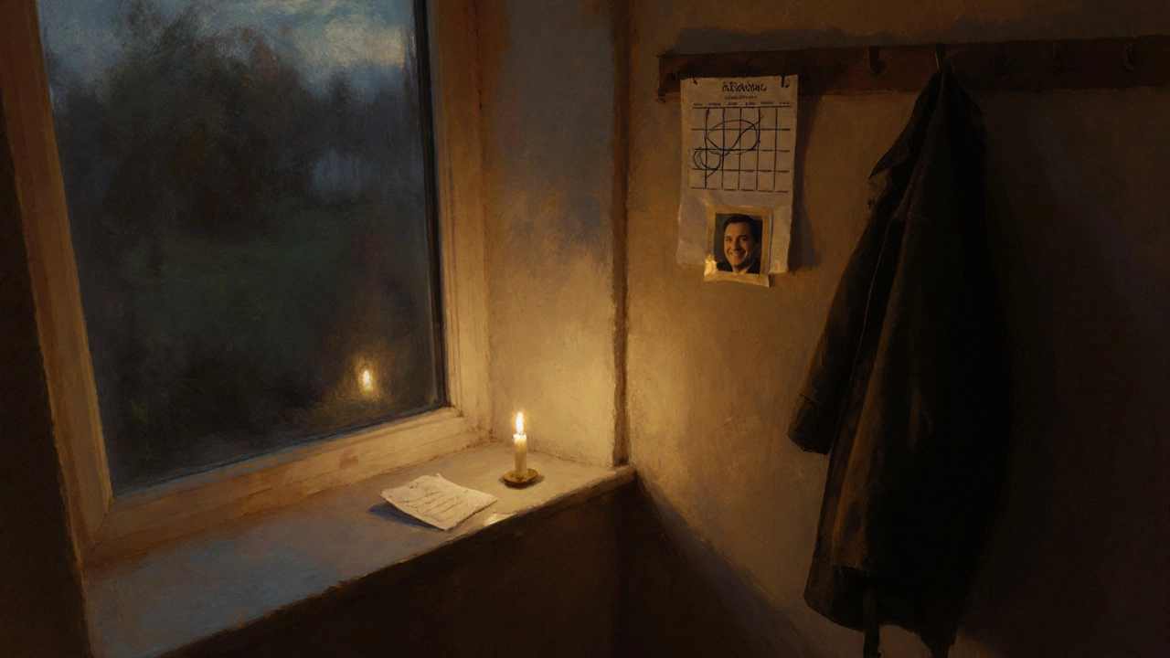 Записка на подоконнике, календарь с отмеченной датой 60 лет и зажженная свеча.