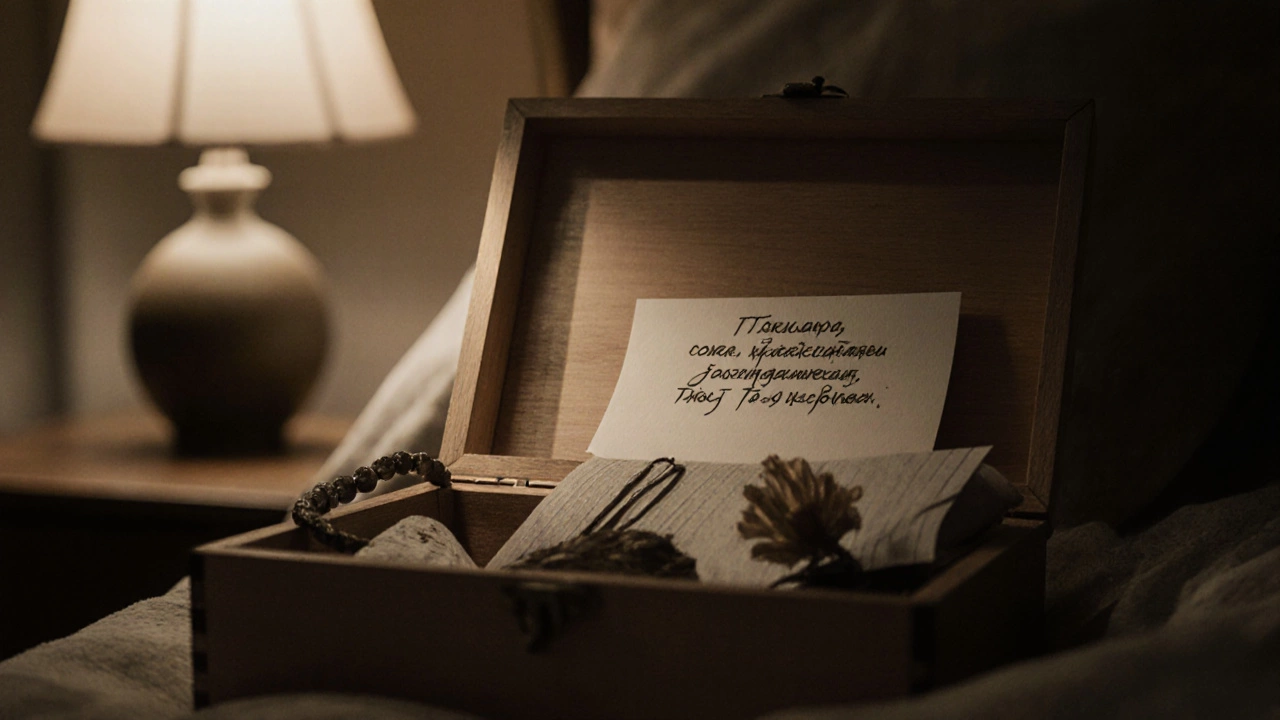 Деревянная коробка с надписью, внутри — личные предметы и записка.