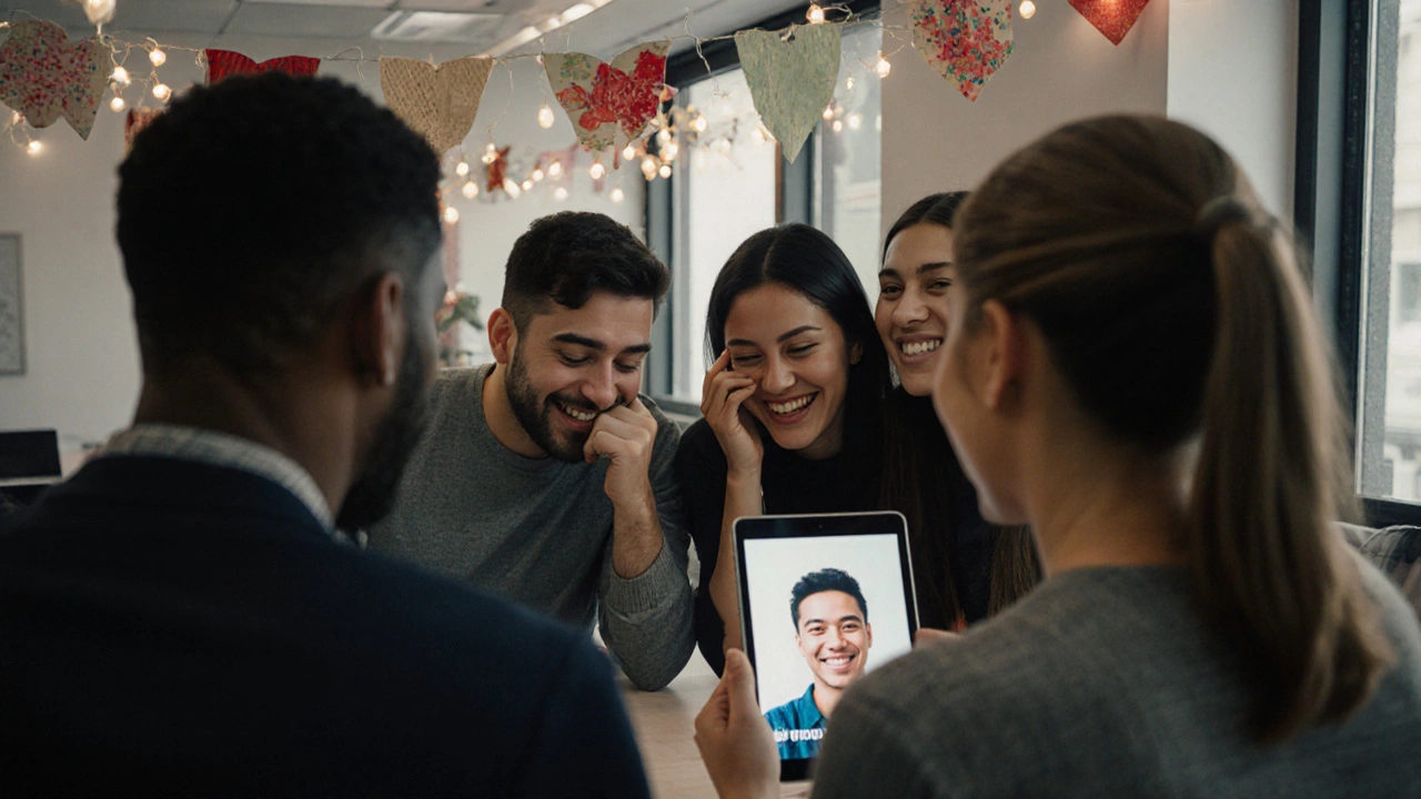 Команда смотрит личное видео-поздравление с теплыми эмоциями в офисе.