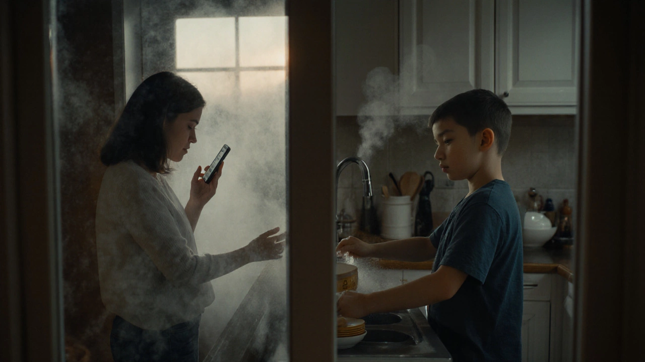 Мать слушает аудиосообщение в кухне, утренний свет и пар от раковины.