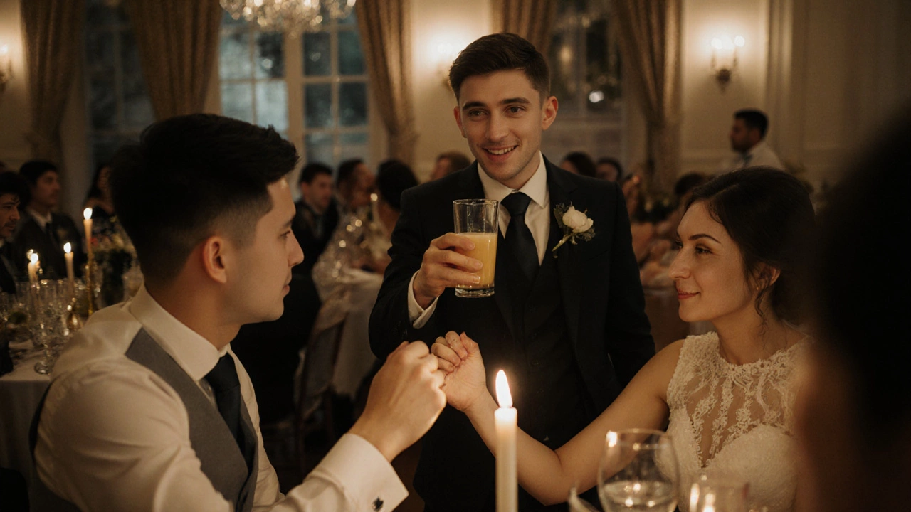 Молодой человек поднимает чашку с соком, чтобы сказать тост молодожёнам, они держатся за руки.