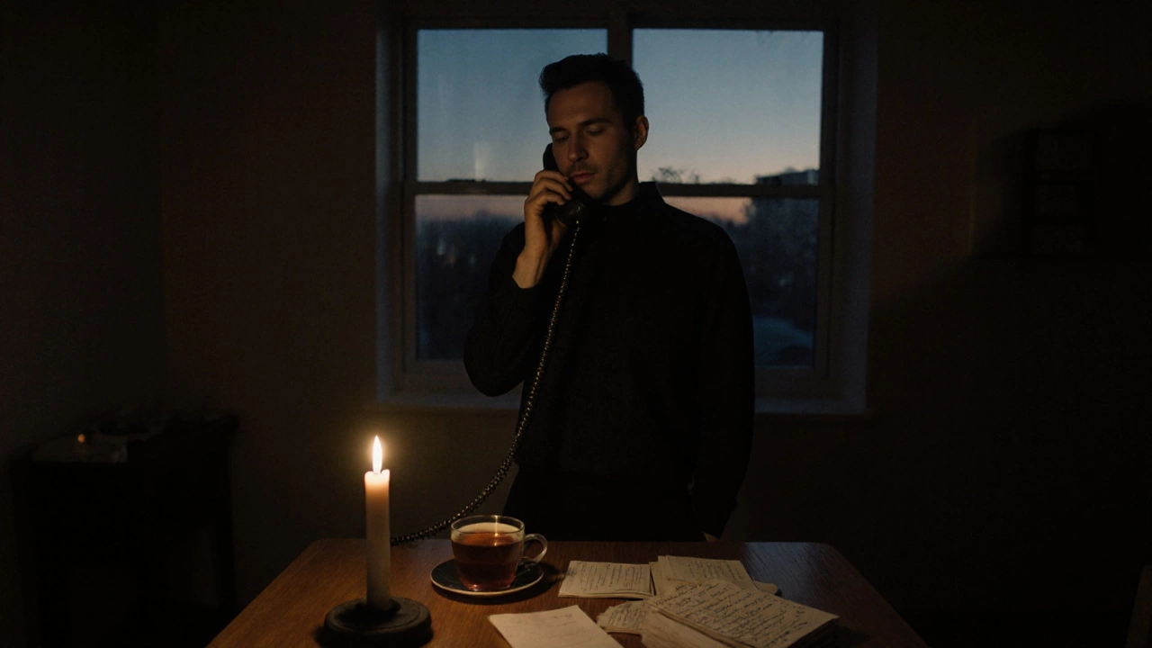 Мужчина говорит по телефону, закрыв глаза, рядом — свеча и холодный чай.