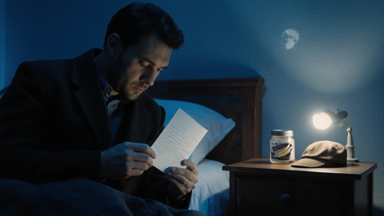 Мужчина находит записку в пальто, луна освещает её, рядом его любимая кепка и сельдь.