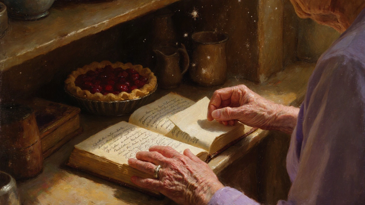 Пожилая женщина кладёт записку в старую книгу, на столе пирог с вишней, утро светится в окне.