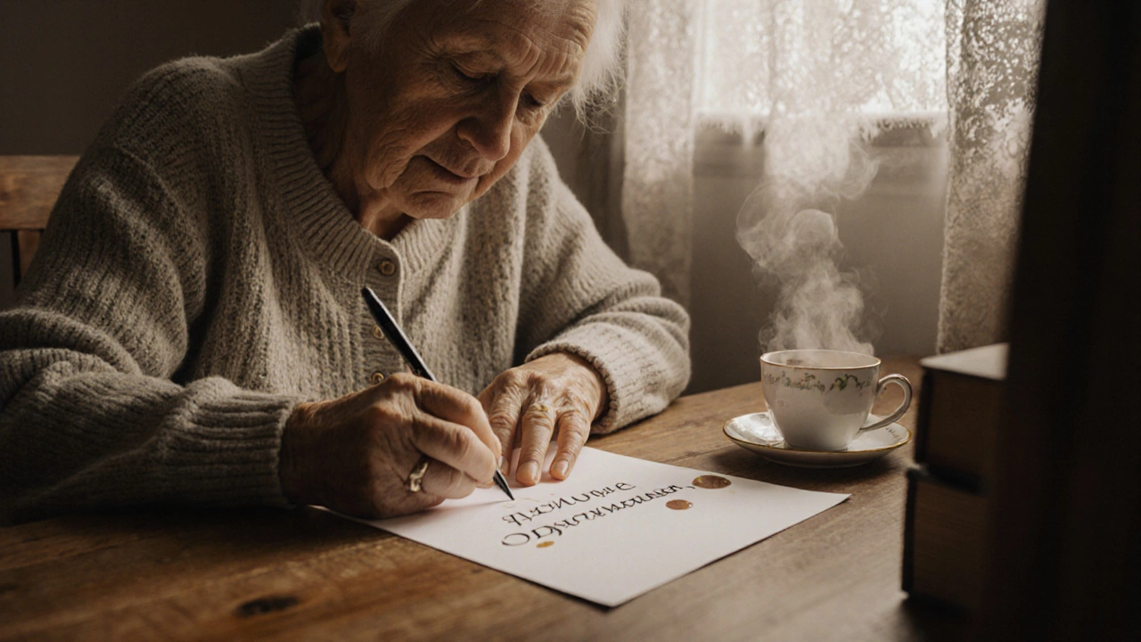Пожилая женщина пишет поздравительную открытку рукописным текстом за деревянным столом.