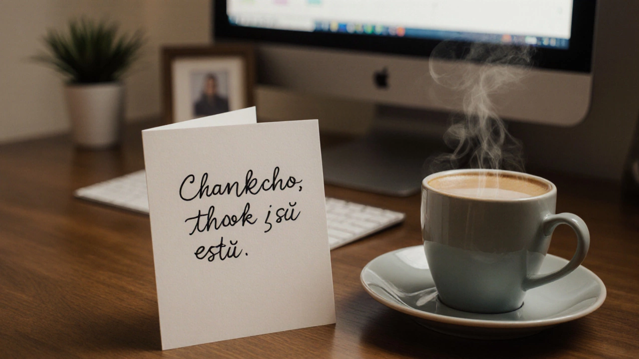 Ручная открытка с тёплым сообщением лежит на столе рядом с чашкой кофе.