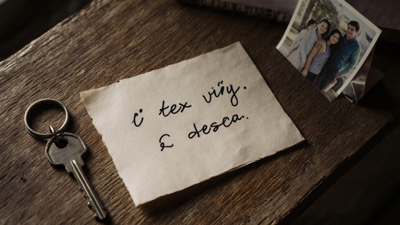 Рукописная записка с тёплыми словами рядом с кофейным кольцом и фотографией.