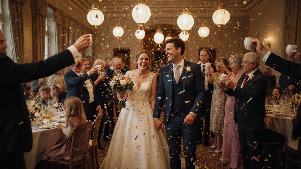 Свадебный тост в конце вечера: гости смеются, поднимая бокалы с чаем и соком.