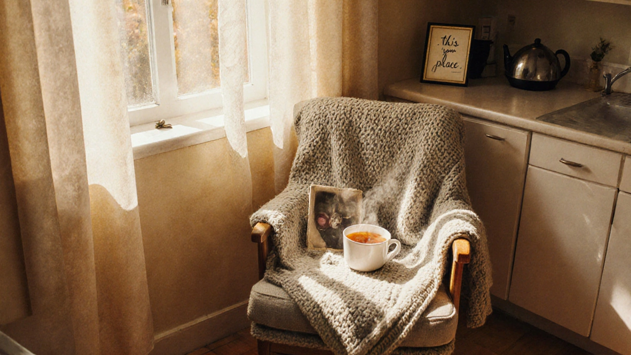 Уголок уюта с креслом, чаем и запиской — тихое место для отдыха.
