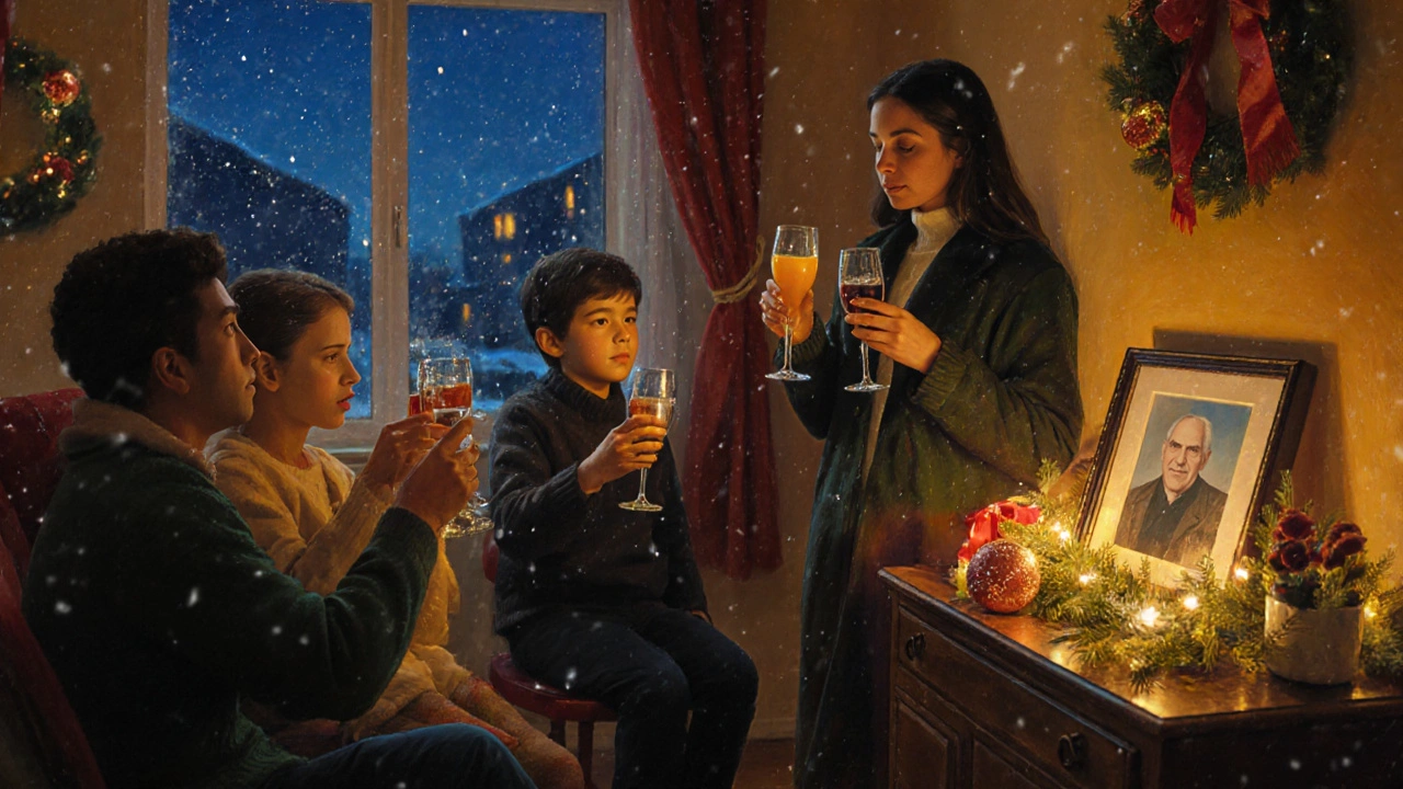 Женщина говорит тост о тех, кто ушёл, на фоне фотографии и новогодних огней.