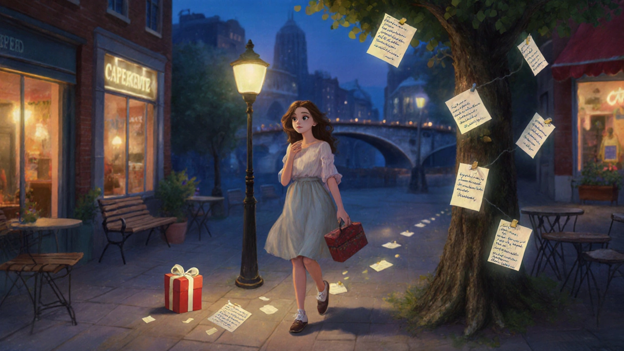 Женщина идет по городу, следуя за светящимися записками на улице.