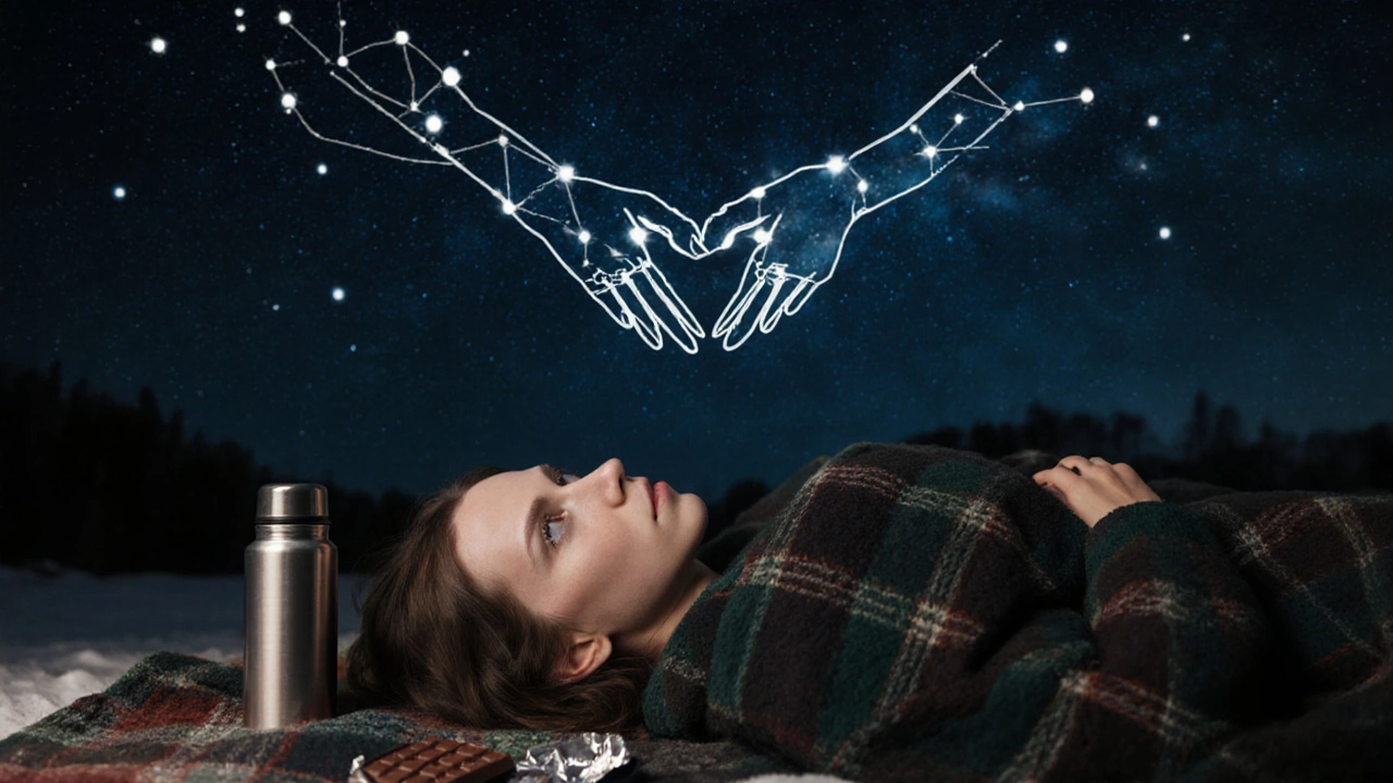 Женщина лежит под звездами на пледе, в глазах отражается небо.