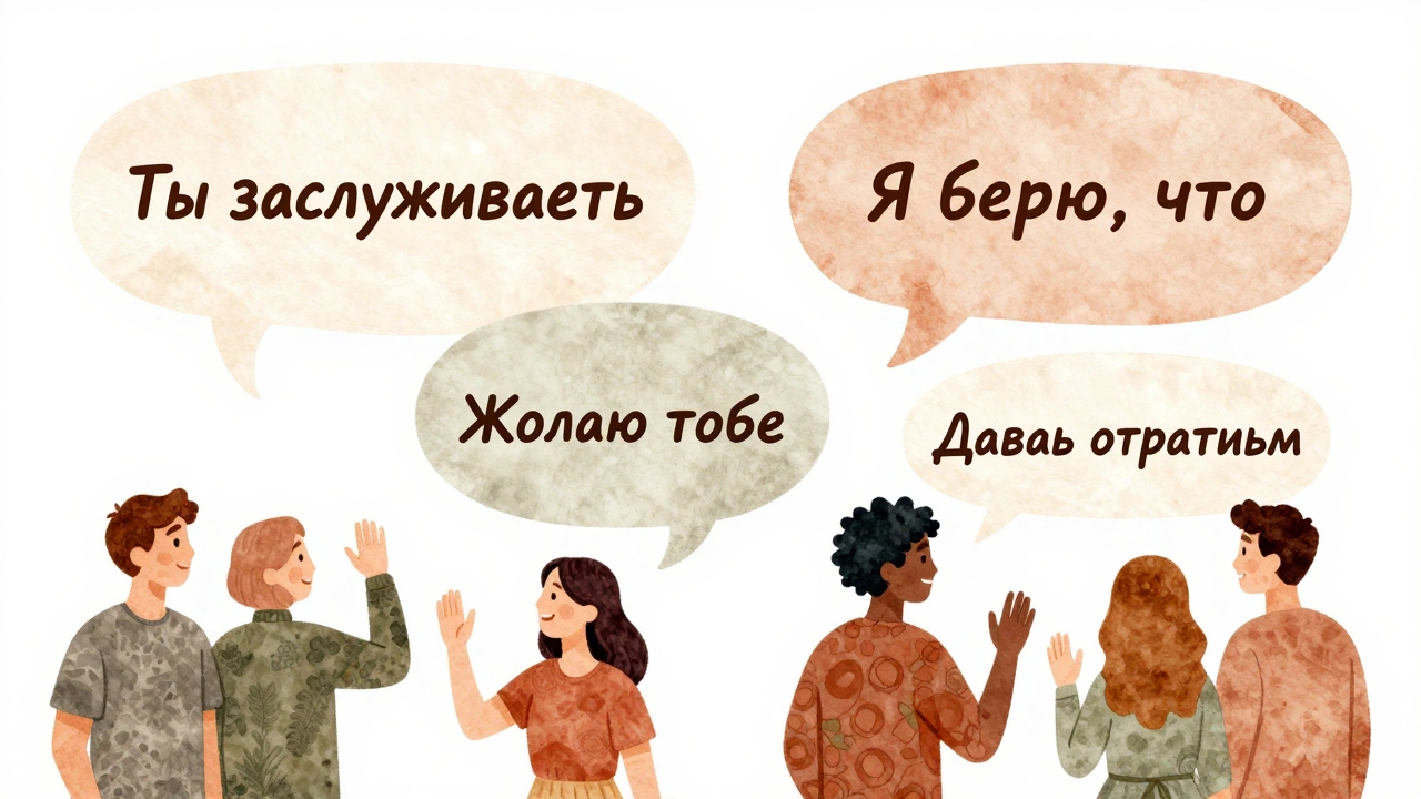 Четыре разговорные фразы без слова &#039;пусть&#039; в цветных облачках над людьми на празднике.