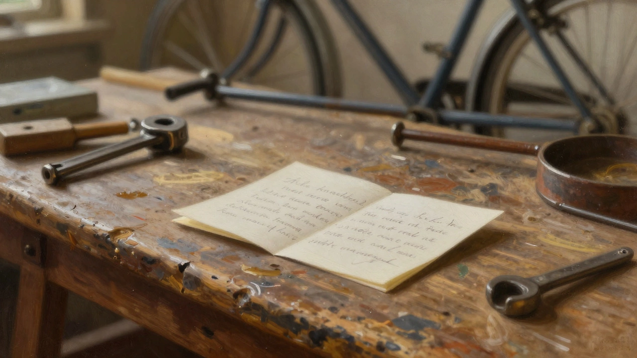 Деревянная верстак с инструментами и велосипедом, на нем открытка с рукописным текстом.