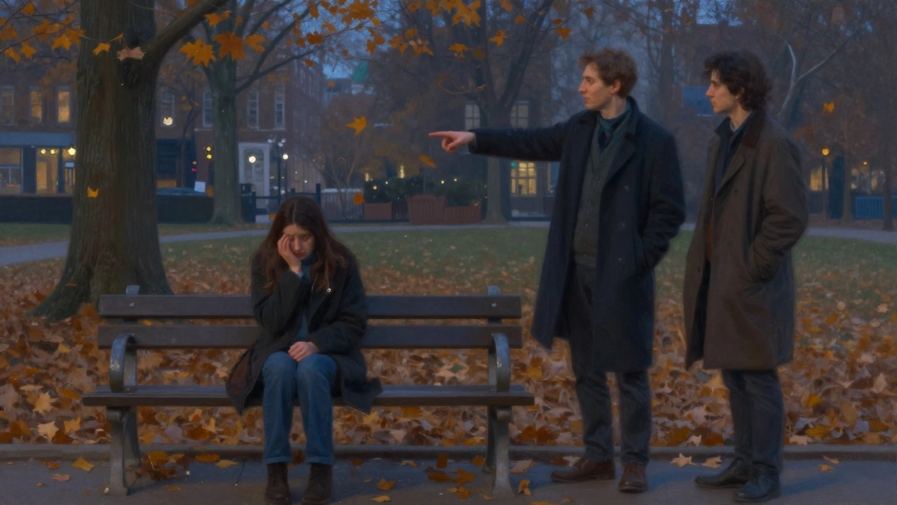 Два человека в парке на закате, один указывает на скамейку — момент тихого признания.