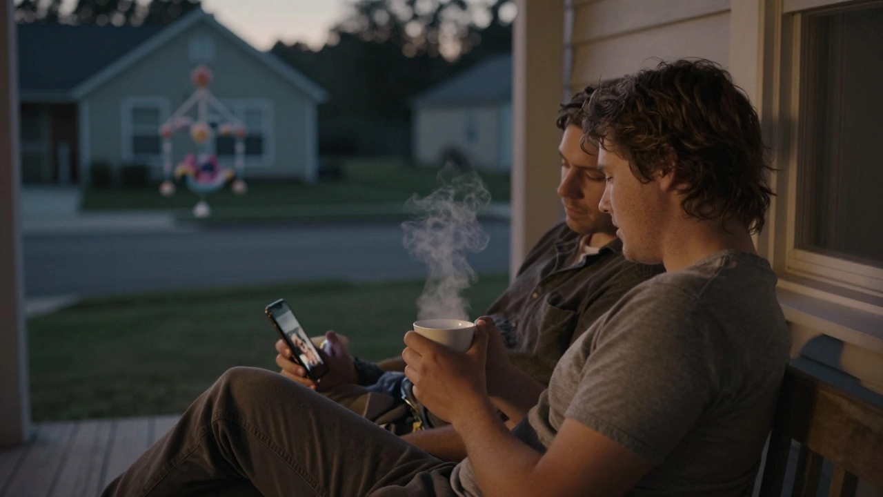 Два друга сидят на веранде вечером, один смотрит на фото младенца на телефоне, другой пьет чай.