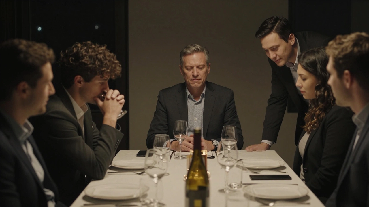 На корпоративном ужине гости ждут, пока директор начнёт тост — напряжённая тишина.