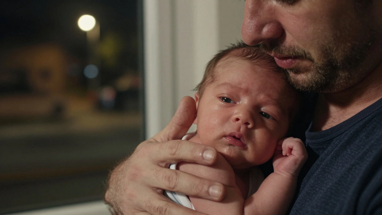 Отец держит новорожденного впервые, его руки дрожат, а ребенок крепко сжимает его палец.