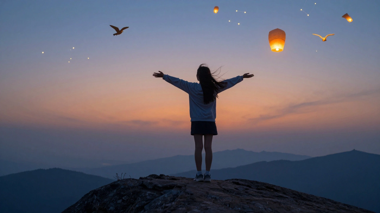 Подросток на холме на рассвете, ветер поднимает волосы, над ней светящиеся фонарики.