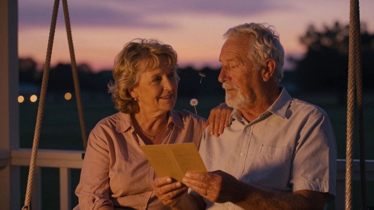 Пожилая пара на веранде, мужчина читает открытку, женщина держит его за руку, закат.