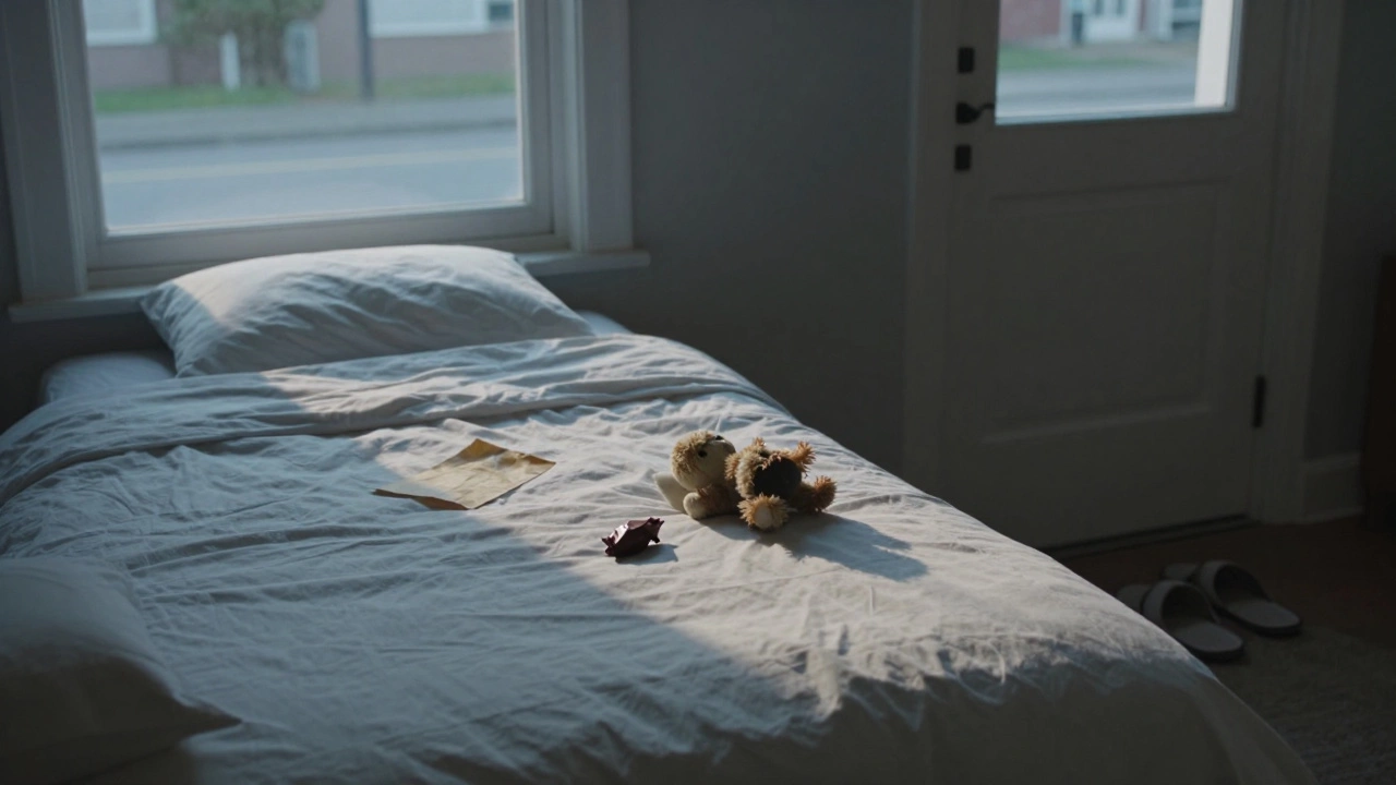 Пустая спальня утром: на подушке лежат письмо, обертка от шоколадки и игрушка.