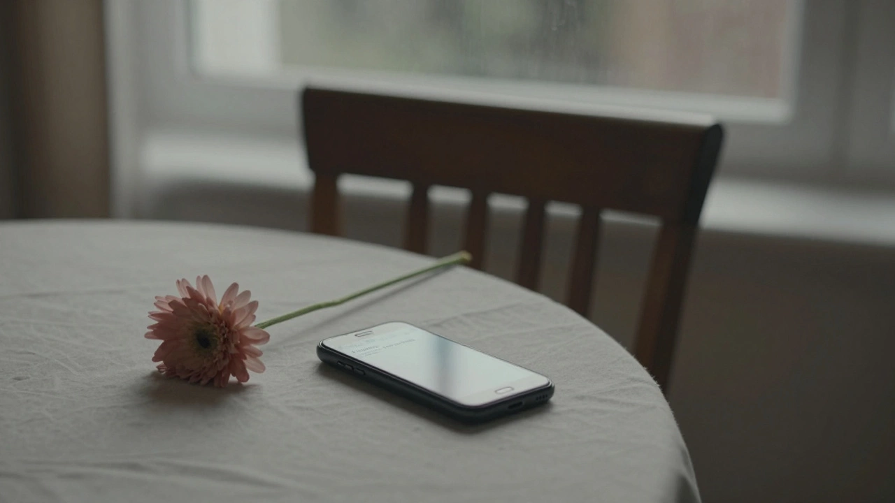 Пустой стул с цветком и телефоном, на экране которого видна неотправленная фраза.