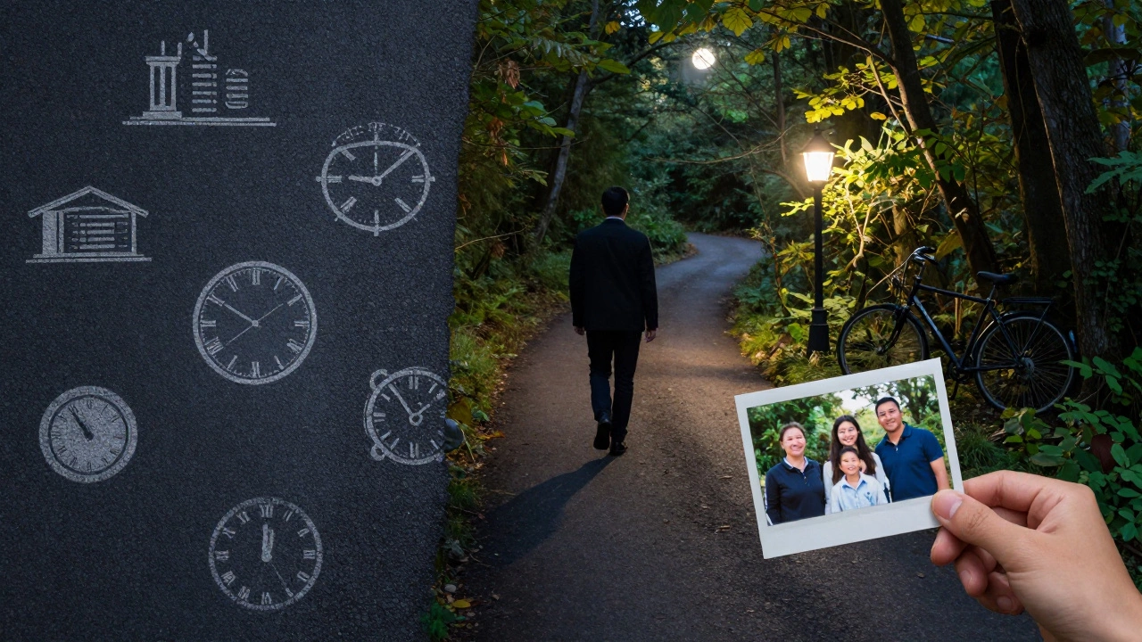 Раздвоенный путь: один — к офису, другой — к лесу с фонарем и семейным фото.