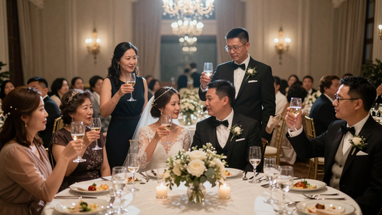 Родители жениха произносят первый тост на свадьбе, молодожёны смотрят с теплом.