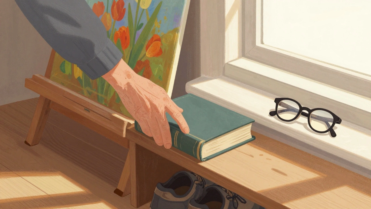 Рука кладет старую книгу рядом с незаконченной картиной на подоконнике.