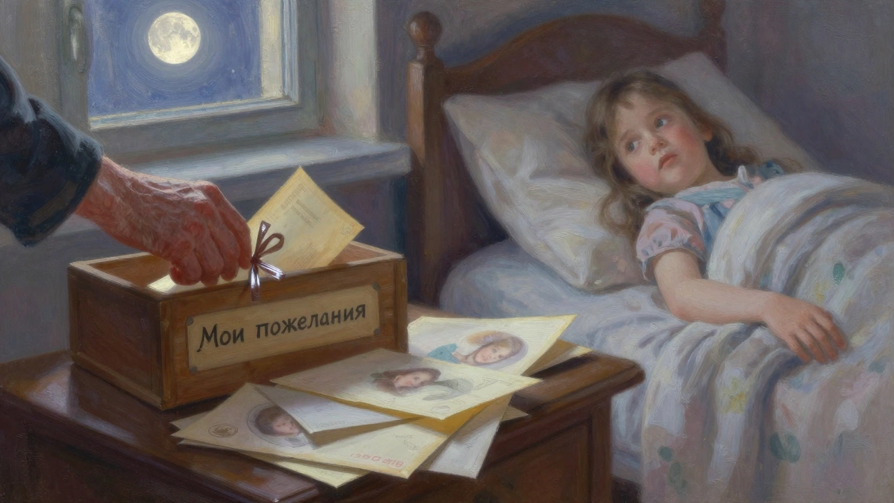 Рука кладет свернутый лист в коробку с пожеланиями, луна освещает старые письма на кровати.