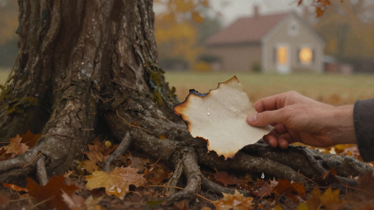 Сожжённый лист бумаги лежит у корней дерева, пепел уносит ветер.