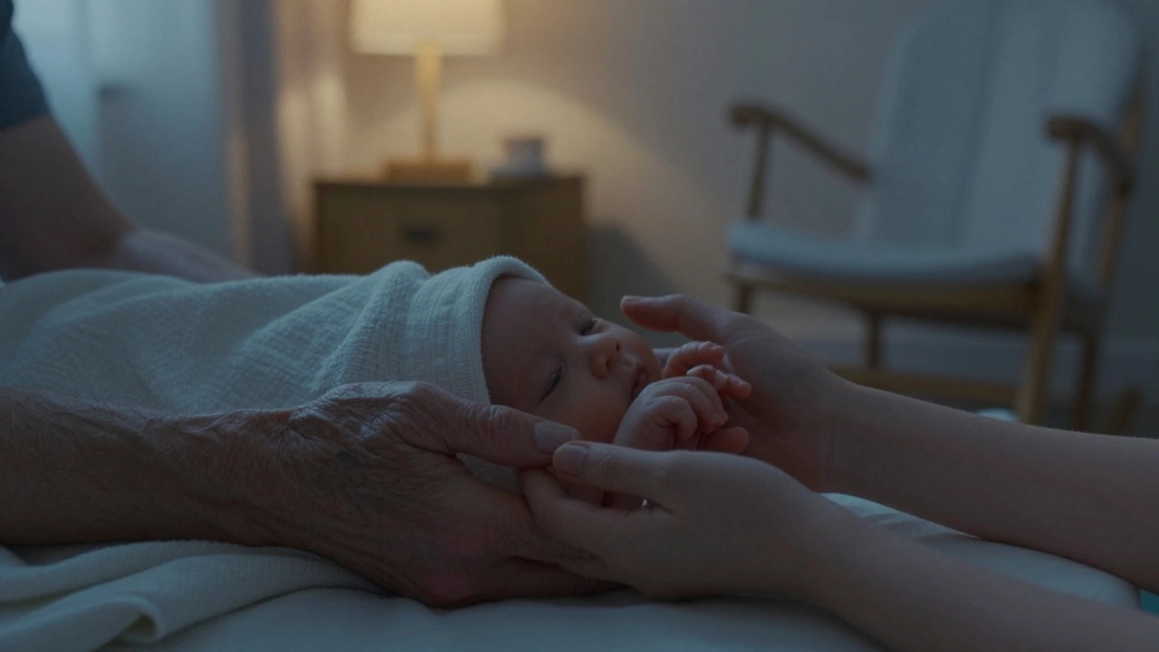 Старшие и молодые руки бережно держат младенца под мягким одеялом при свете ночника.