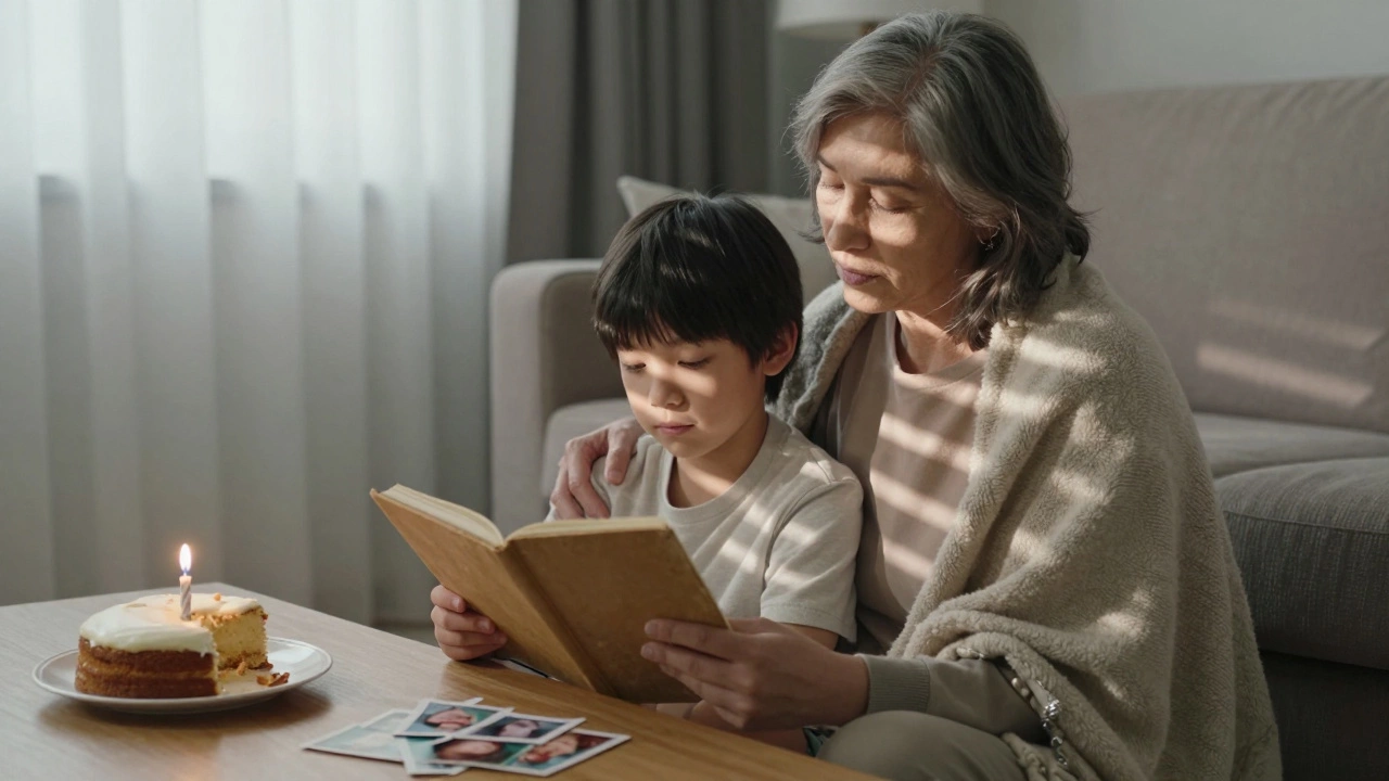 Сын читает маме вслух, они сидят вместе на диване под одеялом.