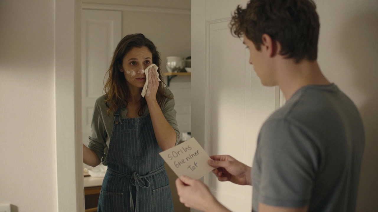 Сын держит записку в дверном проёме, мать поворачивается, не замечая его.