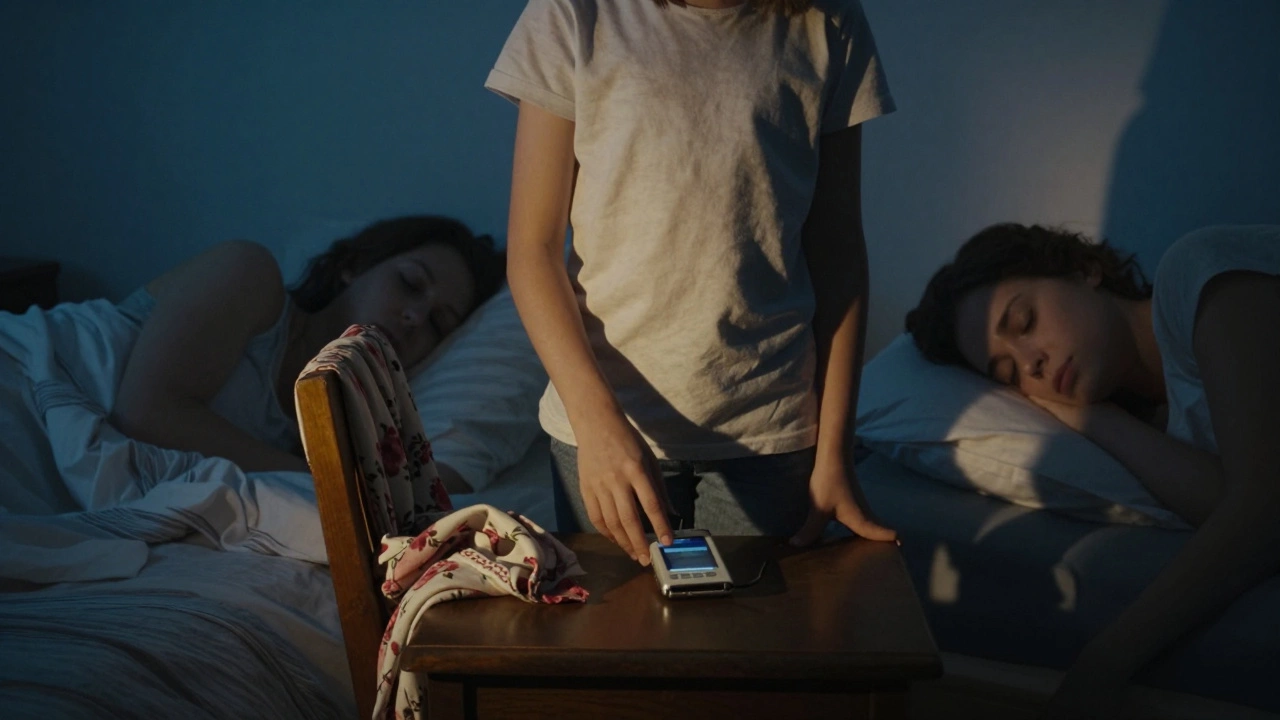 Сын оставляет аудиозапись у спящей матери в тихой спальне ночью.