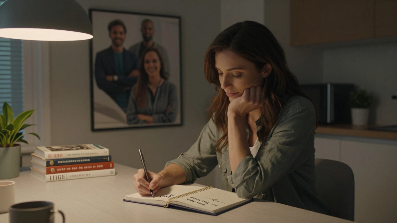 Женщина пишет в блокноте наблюдение о заботе другого в уютной кухне.