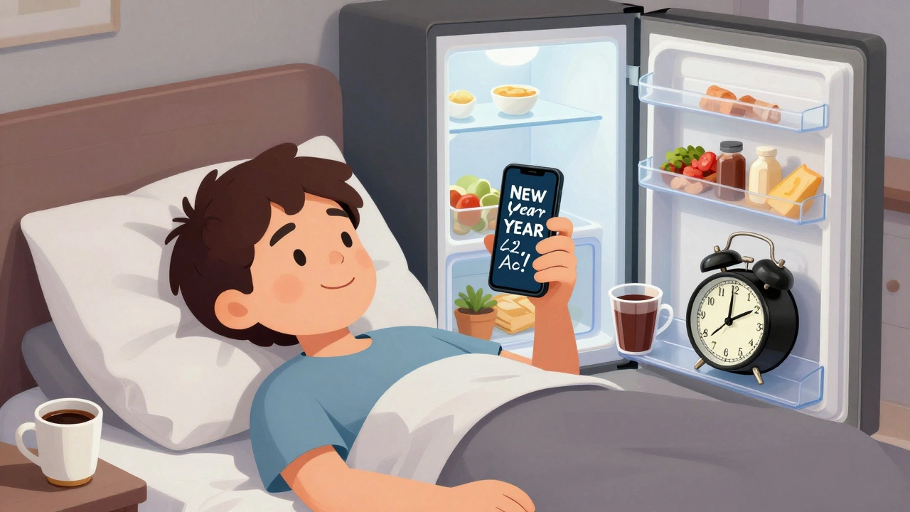 Человек в постели с телефоном, будильник звонит, а в холодильнике — только фото еды.