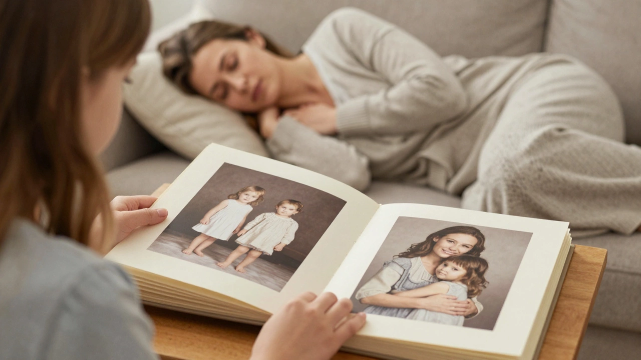 Дочь складывает старые фотографии в альбом, а мама спит на диване, укутанная в свитер.