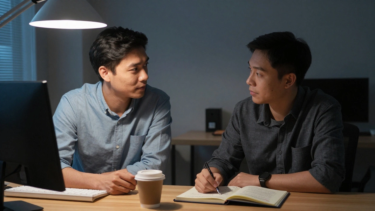 Два коллеги тихо разговаривают в офисе после работы, один говорит с искренним вниманием, другой слушает.