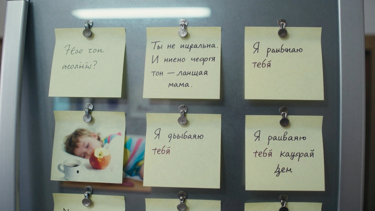 Дверца холодильника, покрытая рукописными записками с цитатами о материнстве на русском языке.